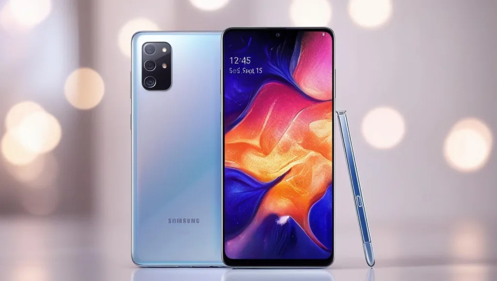 Crie uma imagem de um celular Galaxy com uma tela grande e colorida e diversos recursos de ponta