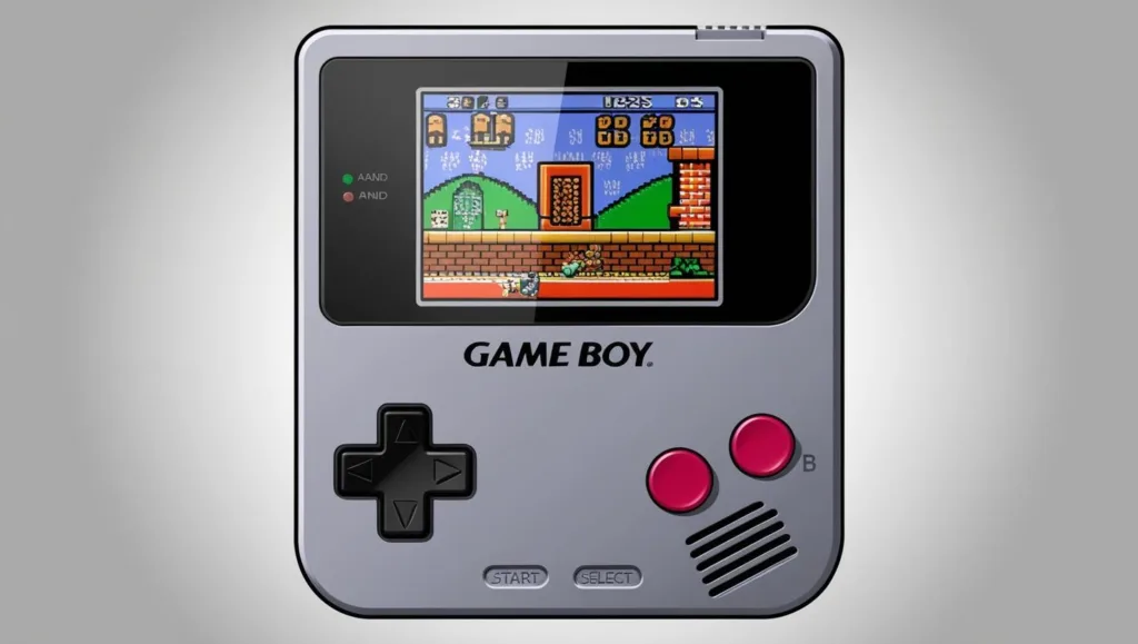 Game Boy com seus botões coloridos e uma tela de jogo clássico sendo exibida
