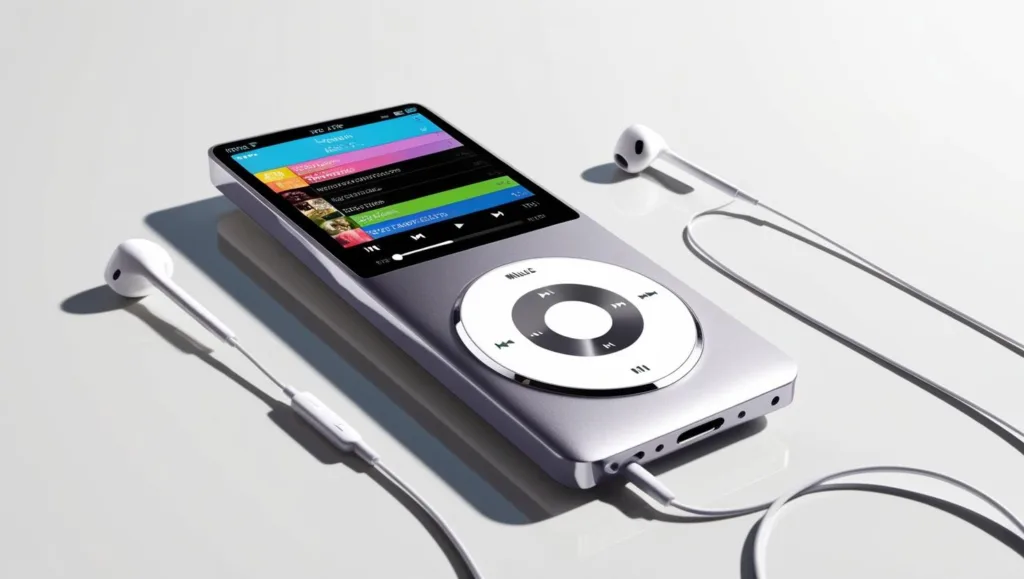 iPod em destaque, com fones de ouvido brancos e uma tela de menu de música