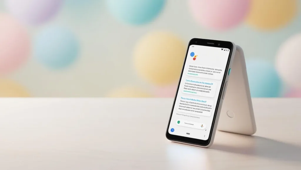 Produza uma imagem que demonstre o Google Assistant em funcionamento, mostrando a assistente virtual respondendo a uma pergunta em um dispositivo Android