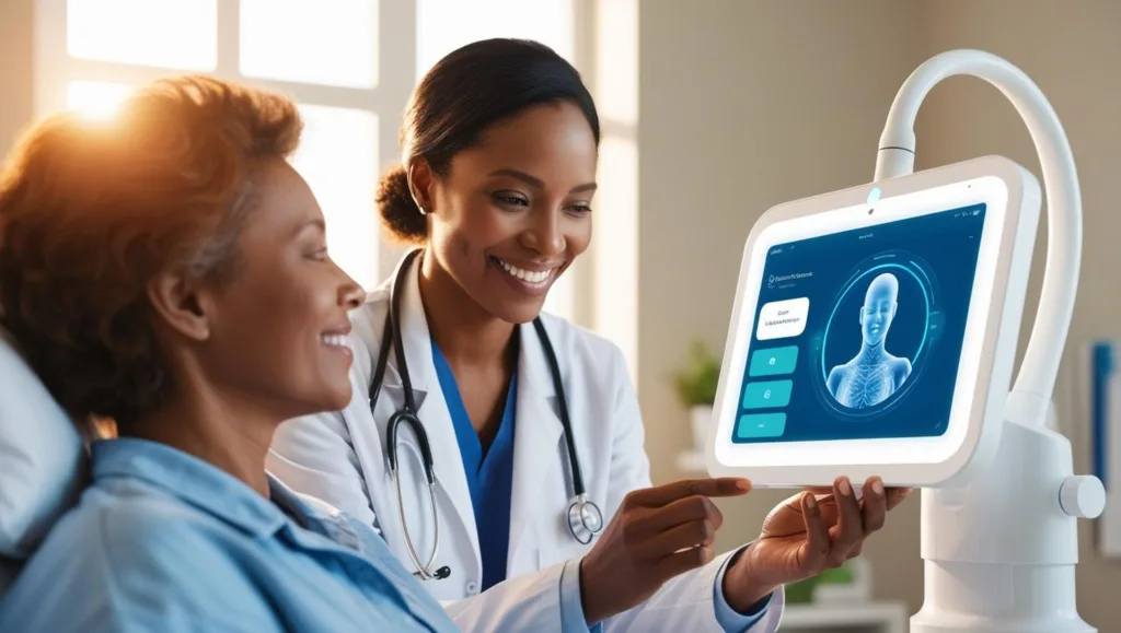 Uma fotografia que combine a tecnologia de automação com o cuidado humano, mostrando um médico interagindo com um paciente enquanto utiliza uma ferramenta de IA para auxiliá lo no diagnóstico