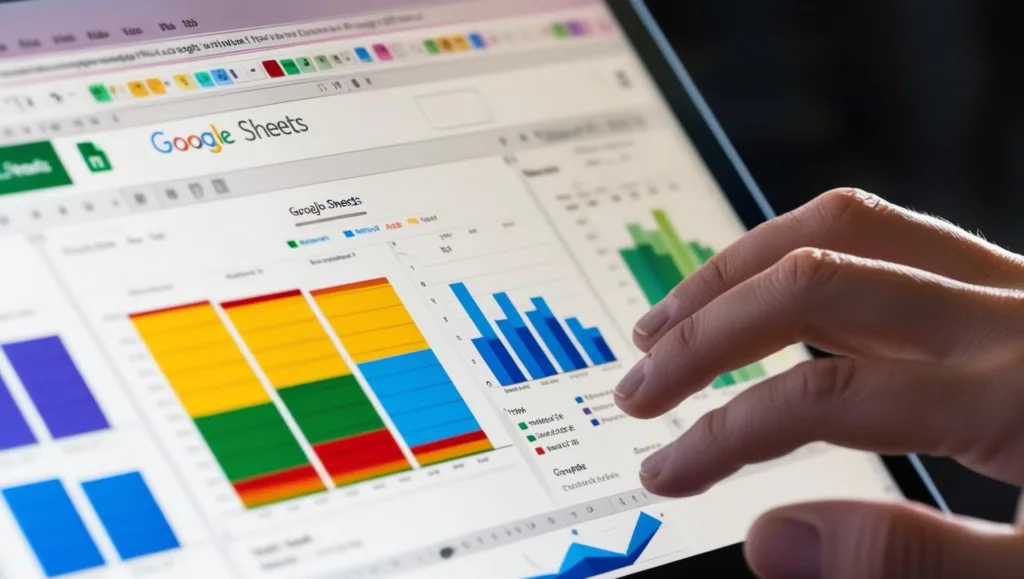 imagem de um computador com a tela do Google Sheets aberta, mostrando diversas planilhas e gráficos, com uma pessoa ao lado interagindo com o software de forma positiva e produtiva