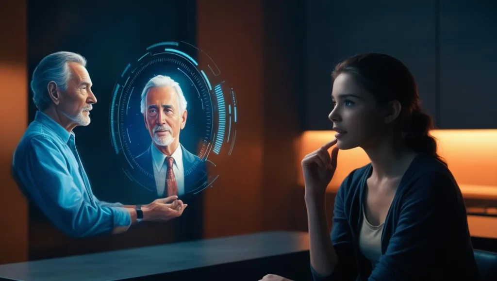 Crie uma imagem representando a imagem de uma pessoa se comunicando com o holograma de outra pessoa