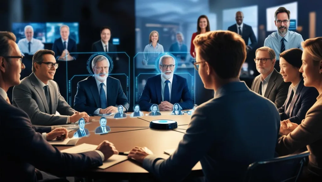 imagem mostrando a comunicação holográfica em ação, com pessoas de diferentes locais participando de uma reunião como se estivessem fisicamente presentes